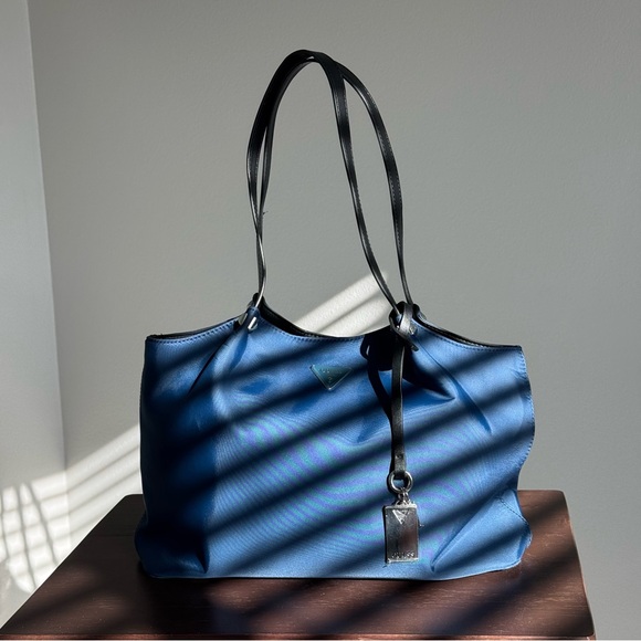 Guess Vintage Blue Nylon Tote Bag with Black Leather Straps & Silver Logo Charm - Picture 1 of 14